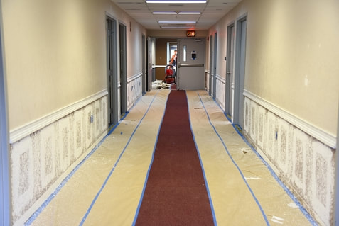 Corredor en un edificio de gran altura que acaba de ser pintado. Los pintores extendieron un rollo de papel en el suelo para proteger la alfombra.