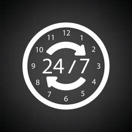 Logotipo de un reloj que indica un servicio ofrecido las 24 horas del día, 7 días a la semana.